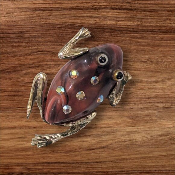 Vintage Frog Brooch With Rhinestone Accents & Gold-Tone Legs - Picture 2 of 8